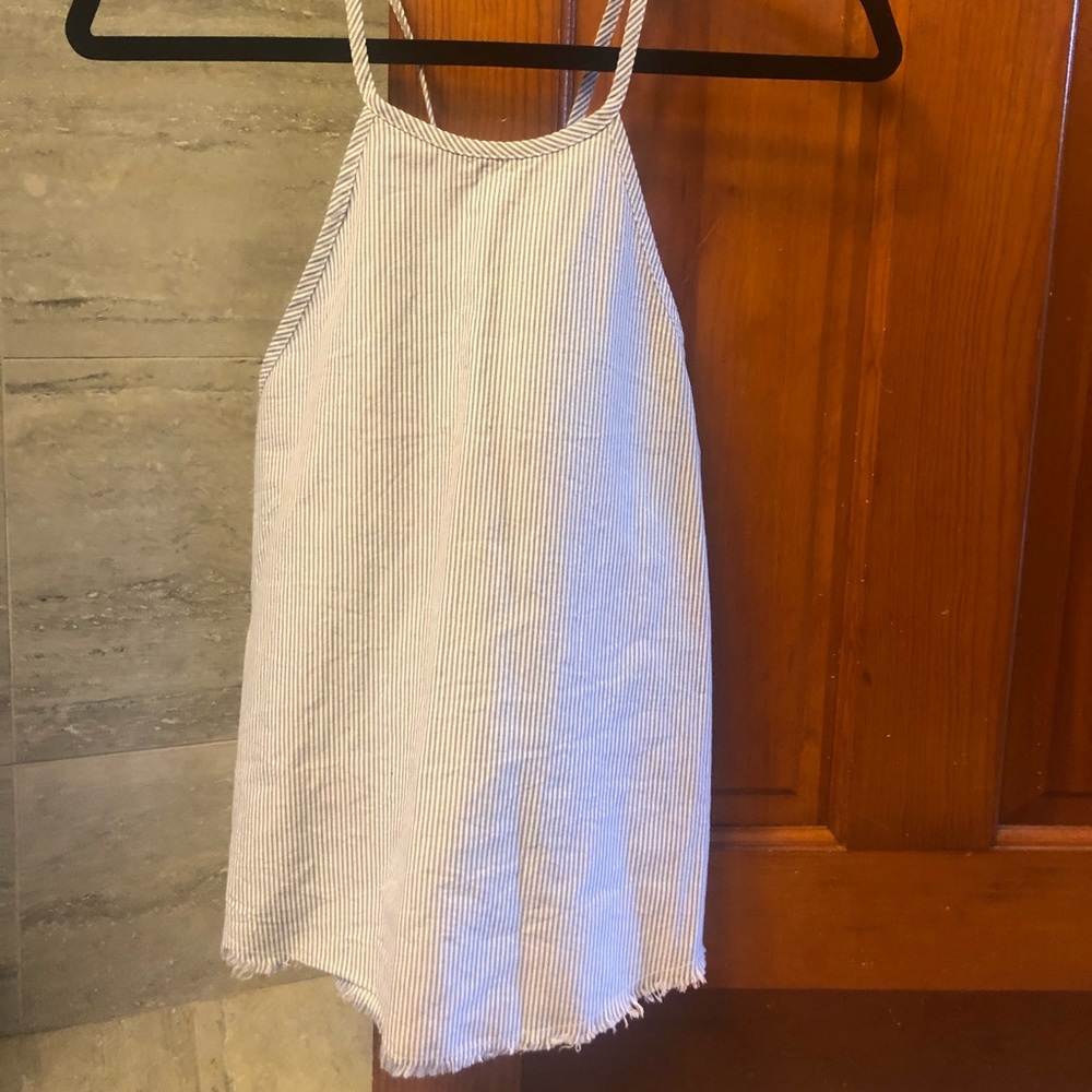 Light blue pin strip linen halter top